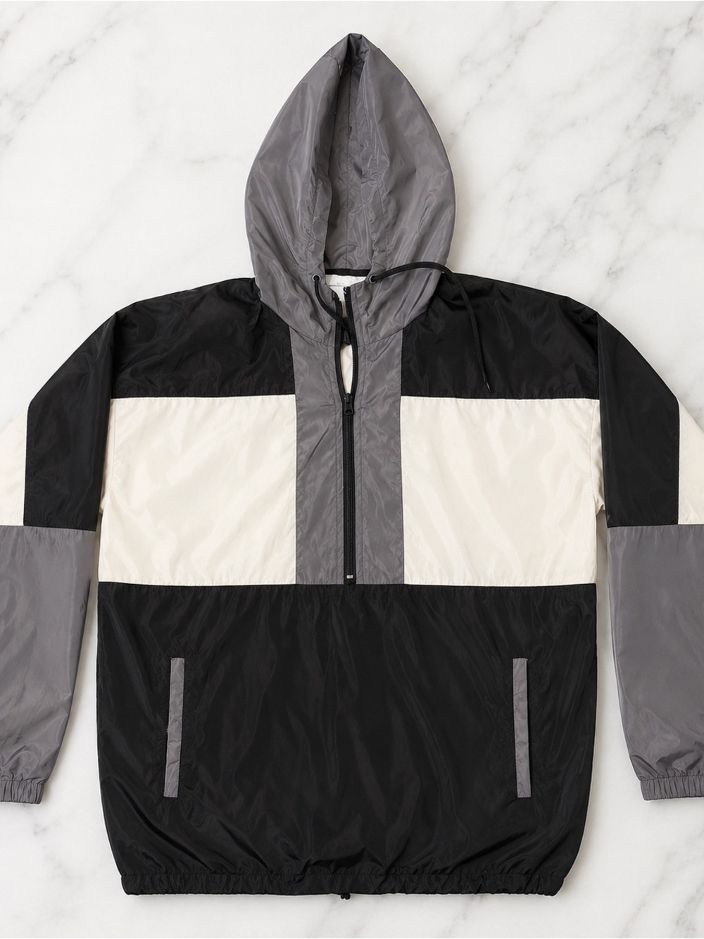 Men's Colorblock Windbreaker Jacket - Black, Gray & Cream